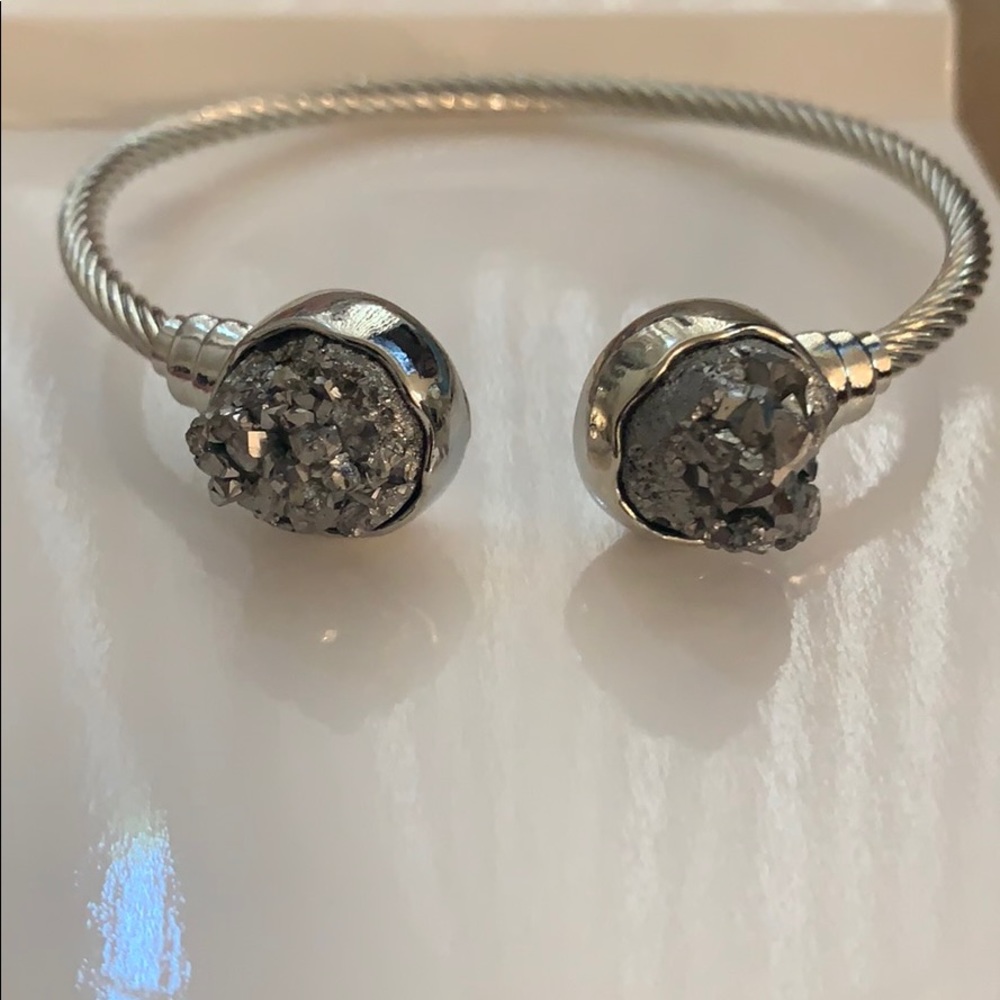 Silver and stone slip-on open front cuff bracelet